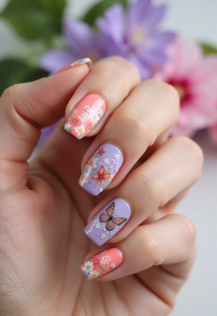 Butterfly Glaze & Aura Tips: Spring’s Most Viral Nail Designs for a Fresh Manicure! 🌼 - 4. Floral Butterfly Combo