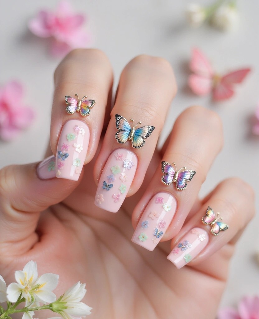 Butterfly Glaze & Aura Tips: Spring’s Most Viral Nail Designs for a Fresh Manicure! 🌼 - 9. 3D Butterfly Accents