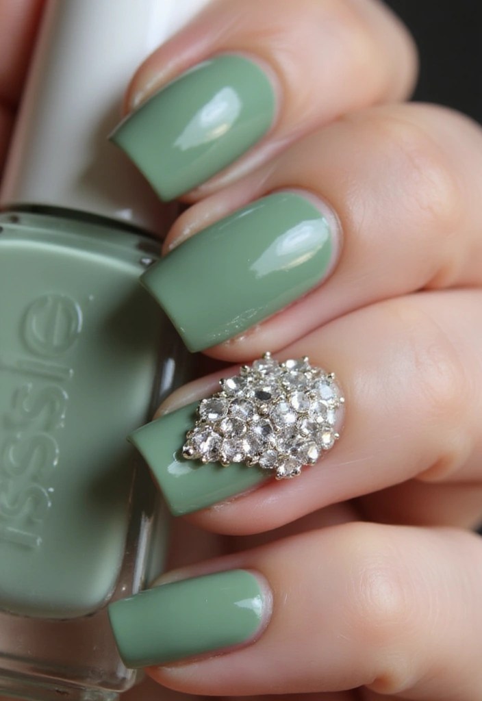 12 Sage Green Nail Designs That Will Make You Want to Paint Your Nails Right Now! - 12. Sage Green with Rhinestones