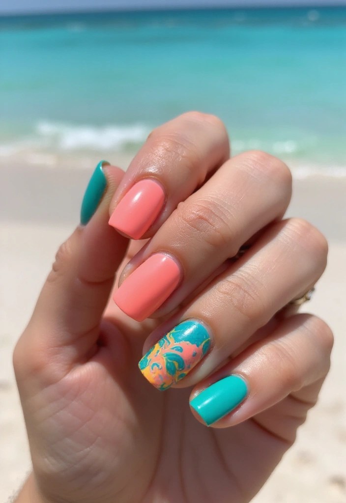 18 Gorgeous Biab Nails Color Combos That Will Make You Want to Switch It Up (#5 Is a Must-See!) - 7. Bright Teal & Coral Splash