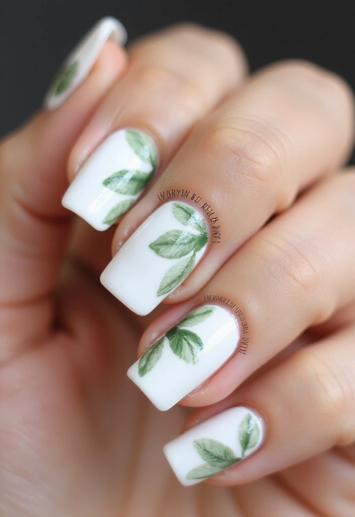 10 Easy White Spring Nails Tutorials for a Flawless Look! - 8. White with Leafy Accents