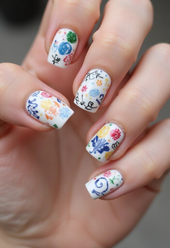 10 Easy White Spring Nails Tutorials for a Flawless Look! - 9. Whimsical Doodles on White