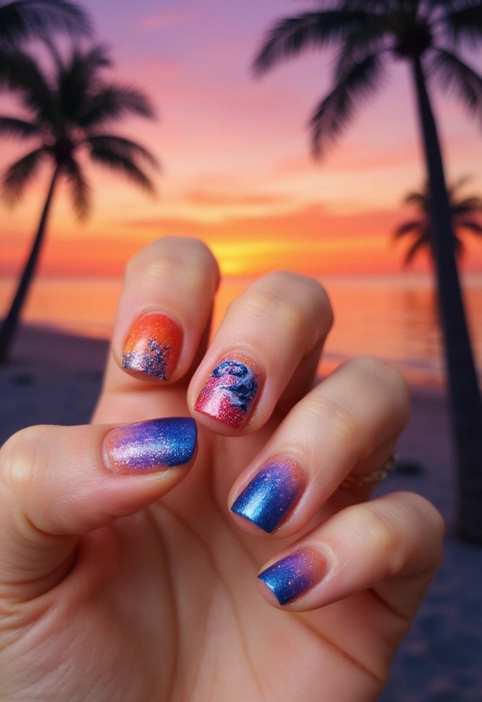 10 Stunning Beach-Themed Nail Art Designs That Will Make Waves This Summer! - 10. Sunset Glitter Waves