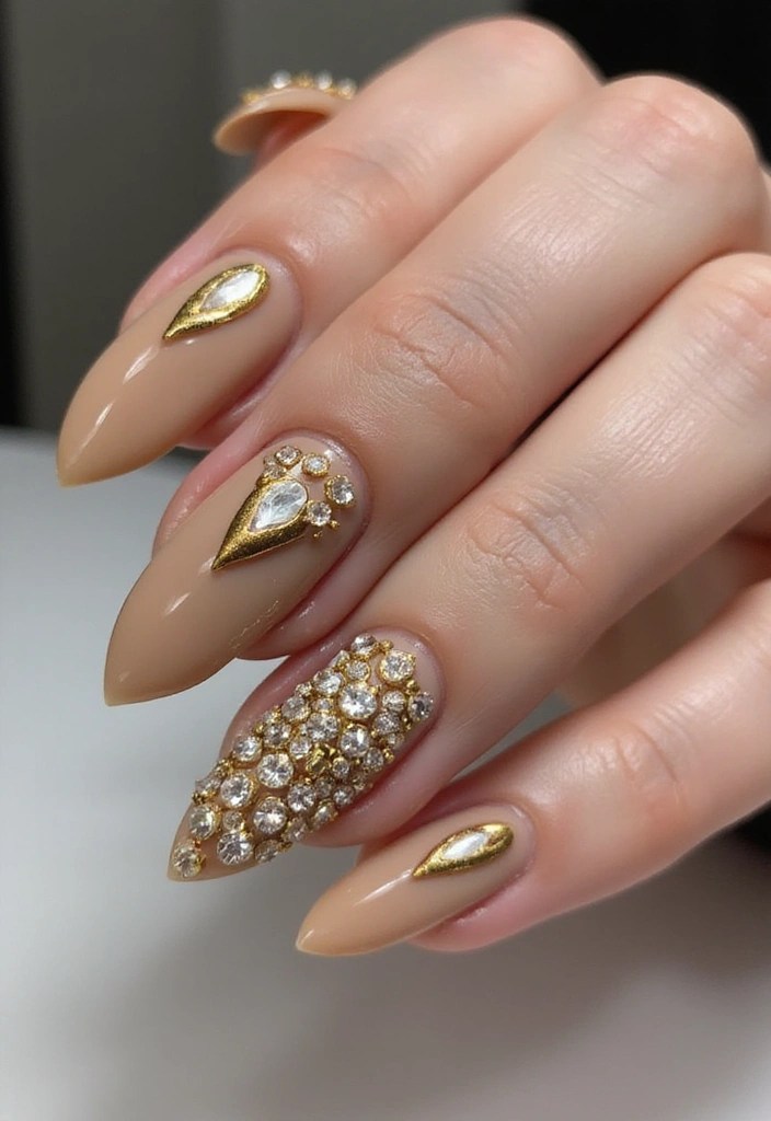 10 Stunning Gold Nude Nail Designs You Have to Try (Your Friends Will Be Jealous!) - 10. Dazzling Rhinestones