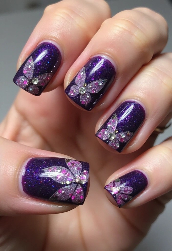 10 Stunning Purple Butterfly Nails That Will Make You Flutter with Joy! - 3. Glittery Butterfly Elegance