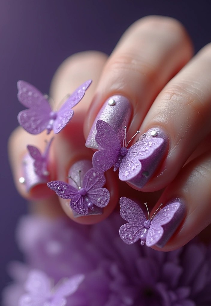 10 Stunning Purple Butterfly Nails That Will Make You Flutter with Joy! - 6. 3D Butterfly Effect