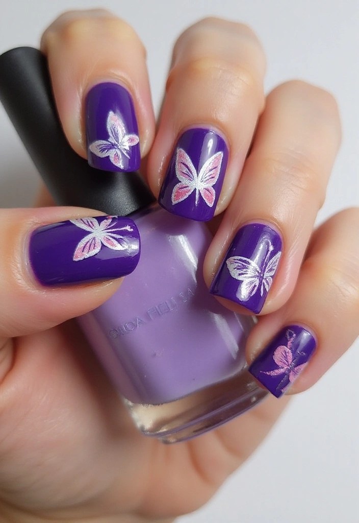 10 Stunning Purple Butterfly Nails That Will Make You Flutter with Joy! - 7. Butterfly Stencil Magic