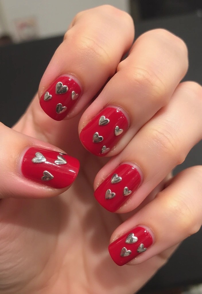 10 Stunning Red Nail Designs with Chrome Finish That Will Steal the Show! - 10. Red Chrome Heart Accents