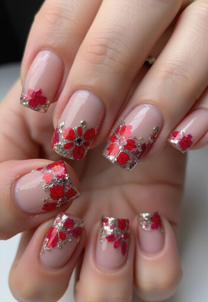 10 Stunning Red Nail Designs with Chrome Finish That Will Steal the Show! - 5. Floral Red Chrome