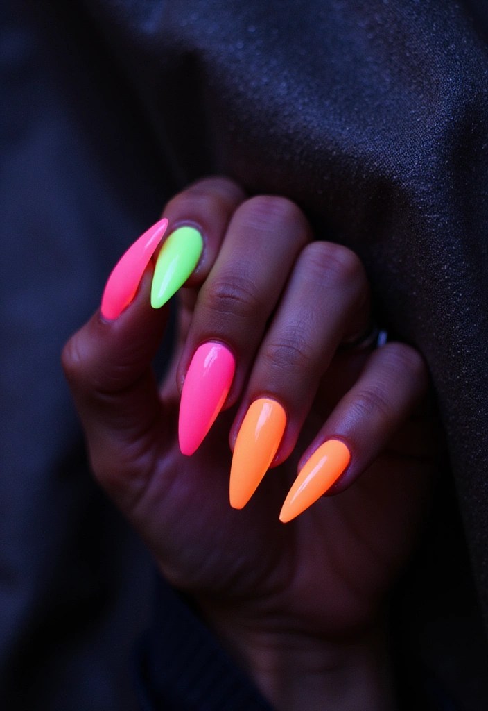 10 Stunning Stiletto Acrylic Nail Designs That Will Turn Heads! - 6. Neon Vibrance