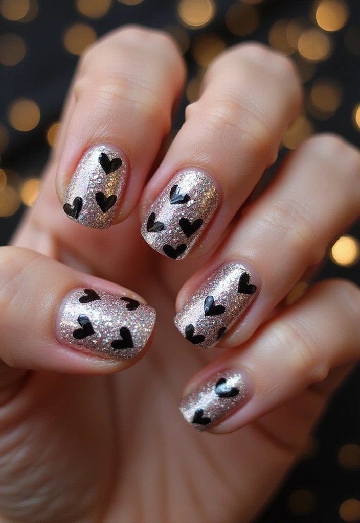 10 Trendy Black Heart Nail Designs to Rock This Weekend (Trust Us on #5!) - 3. Glittery Black Heart Nails