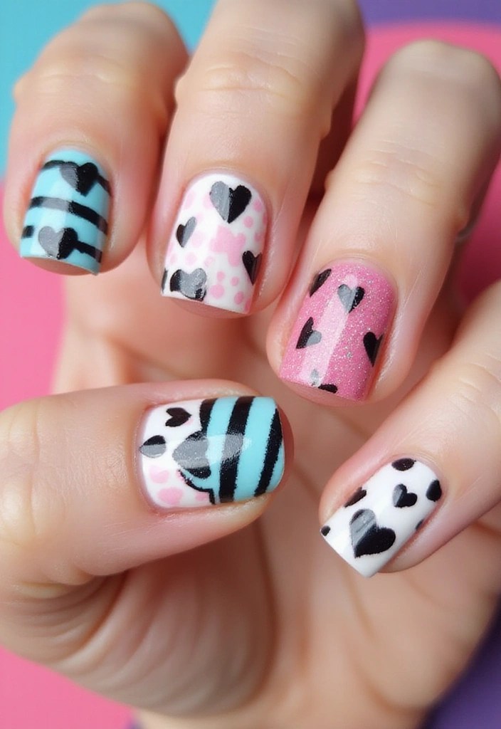 10 Trendy Black Heart Nail Designs to Rock This Weekend (Trust Us on #5!) - 7. Mixed Patterns with Black Hearts