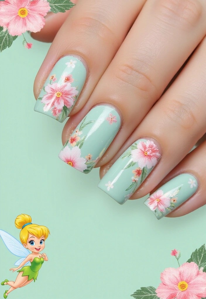 12 Adorable Tinkerbell Nail Inspirations for a Playful Touch! - 4. Floral Pixie Adventure
