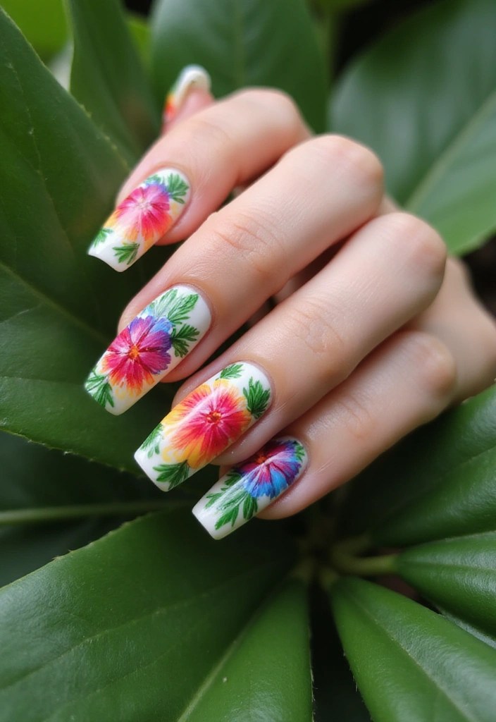 12 Gorgeous Floral Coffin Summer Nails for Your Next Beach Trip! - 1. Tropical Paradise