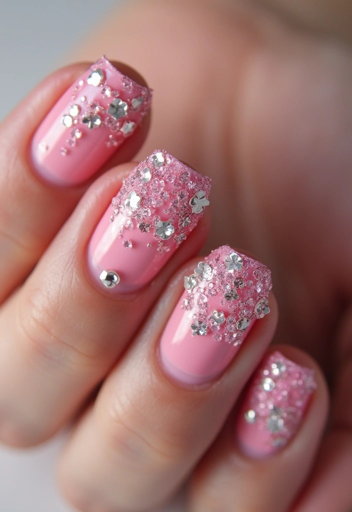 12 Must-Try Pink Nails with Glitter That Will Be the Talk of the Town! - 9. Pink Glitter Flowers