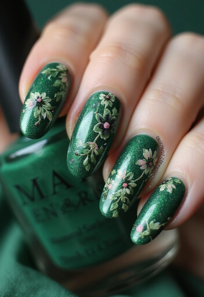 13 Chic Emerald Green Acrylic Nail Ideas You Need to Try Right Now! - 6. Floral Emerald Accents