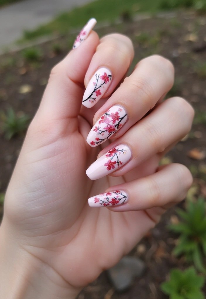 15 Dreamy Cherry Blossom Nail Art Ideas That Scream Spring Vibes - 14. Botanical Cherry Blossom