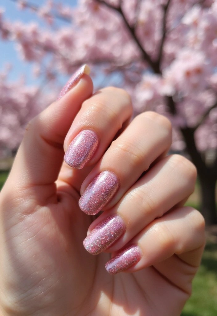 15 Dreamy Cherry Blossom Nail Art Ideas That Scream Spring Vibes - 5. Glittery Blossom Burst