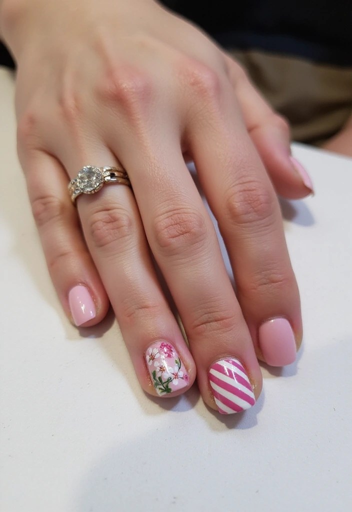15 Dreamy Cherry Blossom Nail Art Ideas That Scream Spring Vibes - 9. Cherry Blossom Stripes