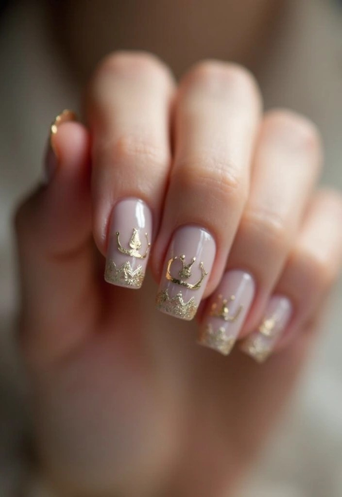 15 Enchanting Castlecore Nail Designs That'll Make You Feel Like Royalty! - 14. Golden Crown Motifs