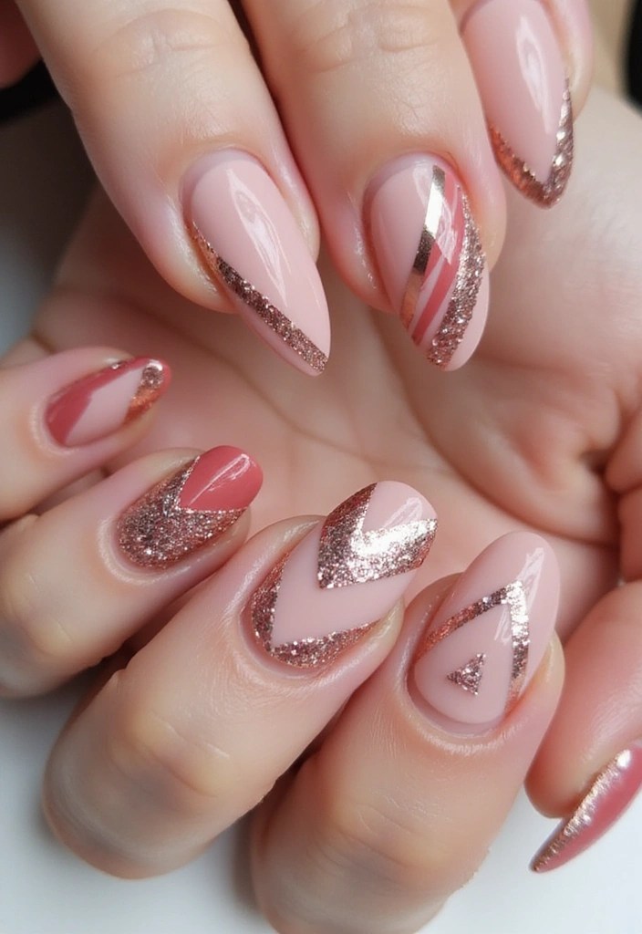 15 Jaw-Dropping Pink Gold Nail Designs for a Glamorous Look (You Won't Believe #5!) - 2. Glittering Geometric Designs