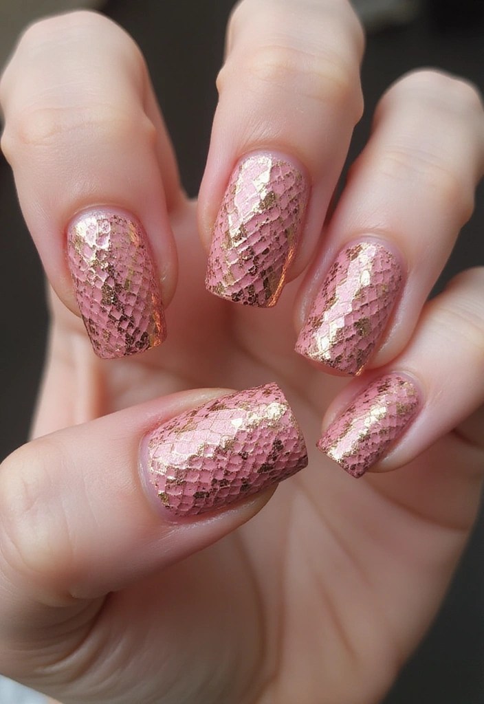 15 Jaw-Dropping Pink Gold Nail Designs for a Glamorous Look (You Won't Believe #5!) - 8. Edgy Snake Skin