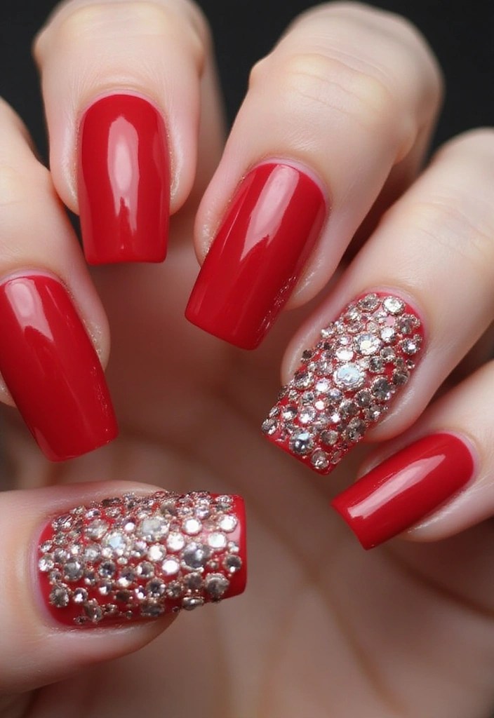 15 Stunning Red Square Acrylic Nails That Will Leave You Breathless! - 8. Rhinestone Elegance