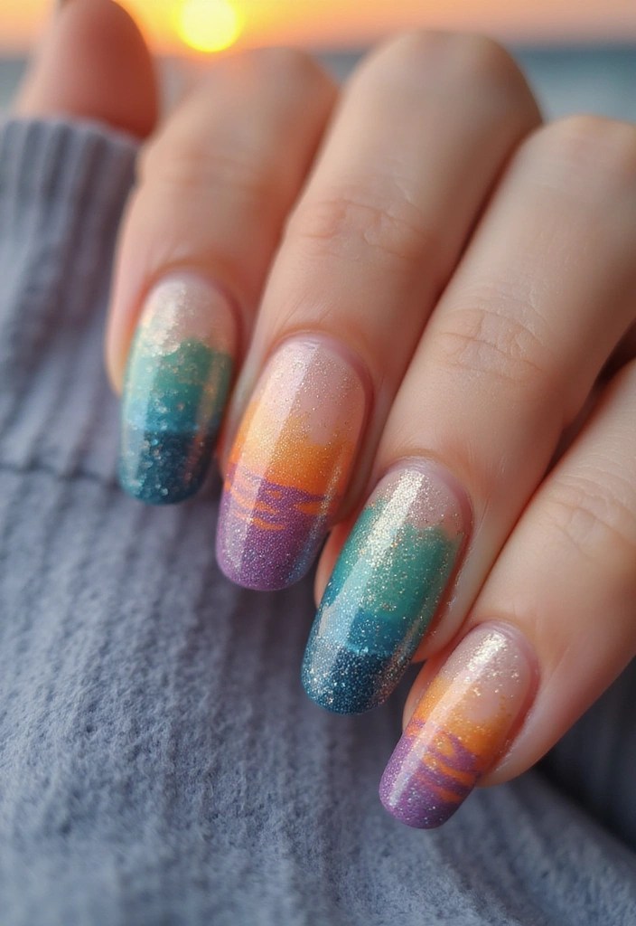 16 Blue Green Nail Ideas That Are Giving Mermaidcore Energy - 7. Ocean Sunset