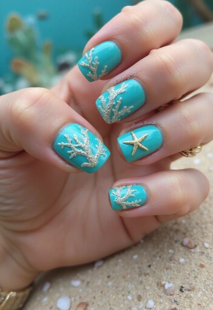 16 Blue Green Nail Ideas That Are Giving Mermaidcore Energy - 9. Starfish and Coral