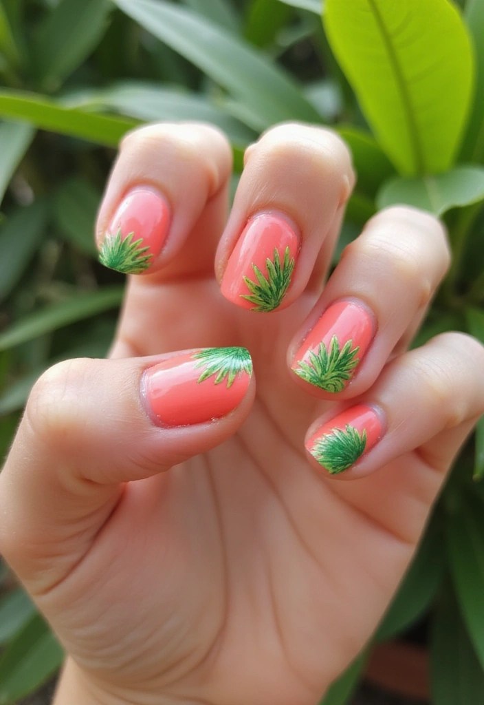 5 Almond Nail Ideas in Peach and Coral for Summer - 2. Tropical Leaf Accents
