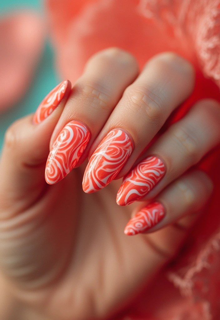 5 Almond Nail Ideas in Peach and Coral for Summer - 5. Coral Swirl Design