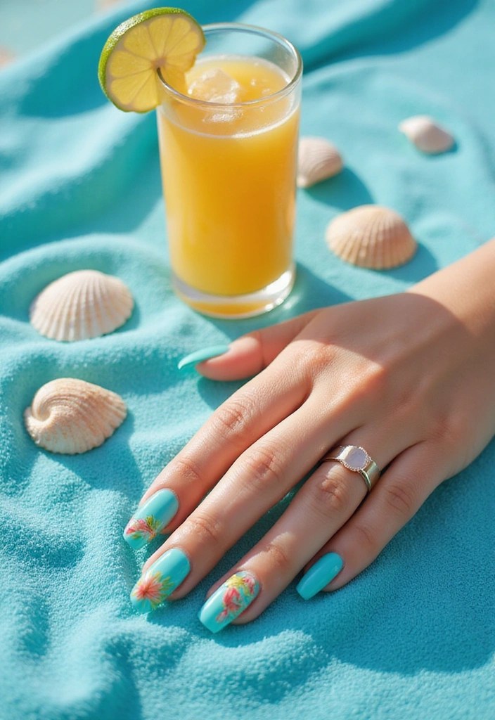 5 Aqua Blue Stiletto Nail Ideas Perfect for Pool Days - 4. Tropical Nail Art Accents