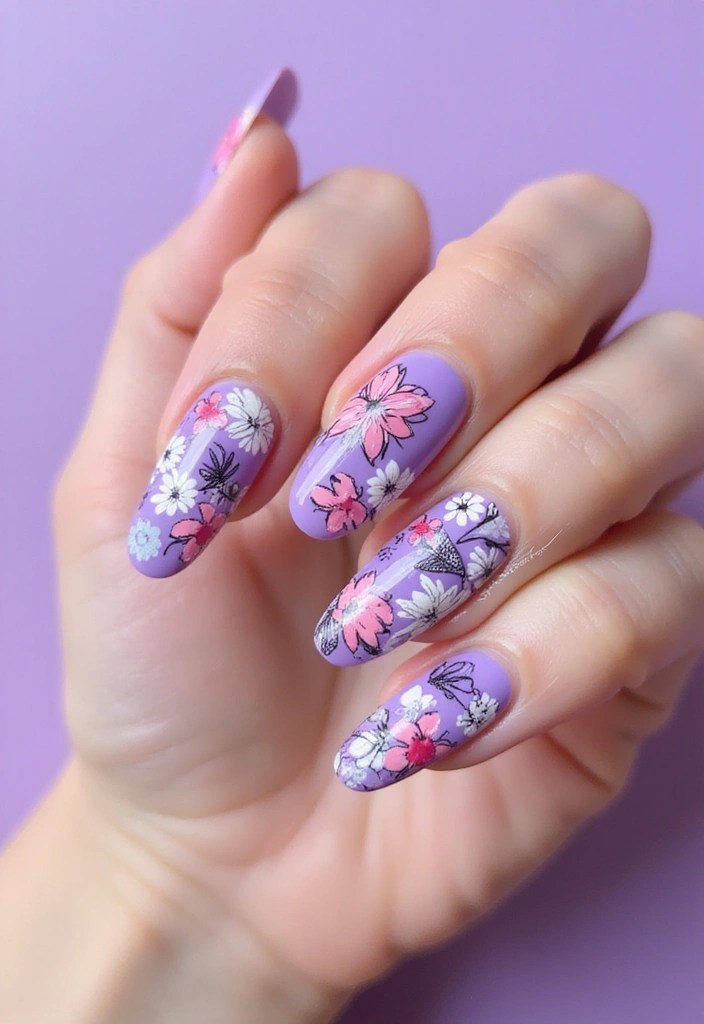 6 Floral Almond Nail Designs in Pastel Purple for Summer Vibes - 2. Whimsical Floral Doodles