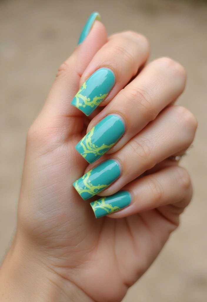 6 Tropical Square Nail Looks in Teal and Lime for Summer Vacations - 1. Teal Waves with Lime Accents