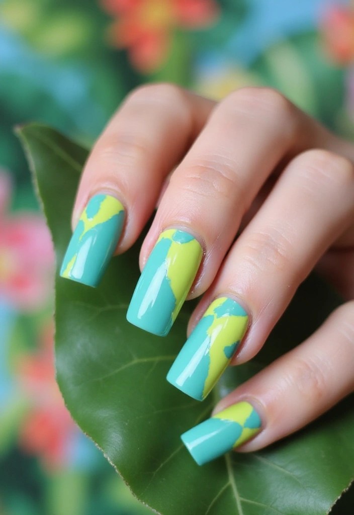 6 Tropical Square Nail Looks in Teal and Lime for Summer Vacations - 4. Geometric Lime and Teal Designs