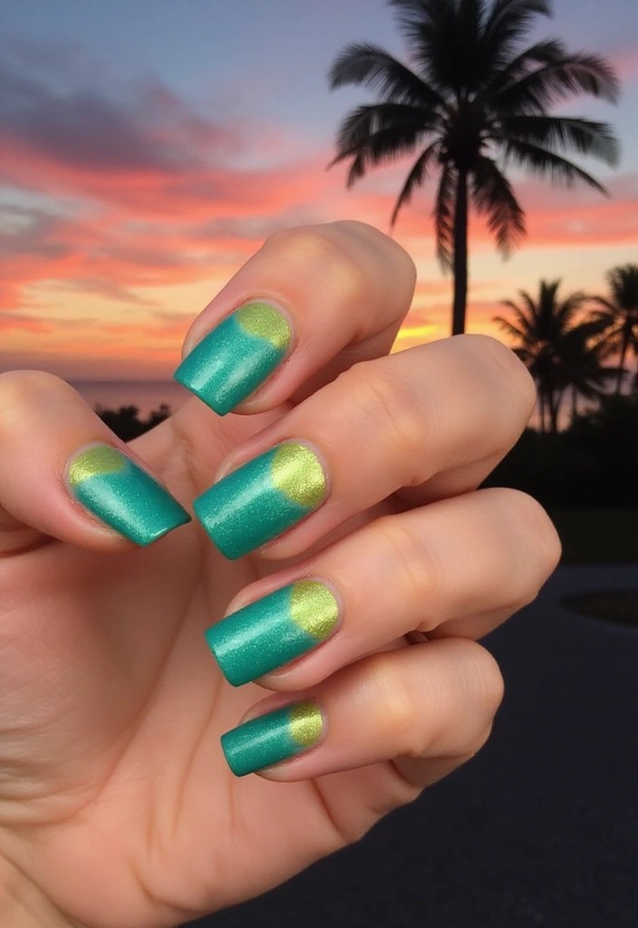 6 Tropical Square Nail Looks in Teal and Lime for Summer Vacations - 5. Tropical Sunset Nails
