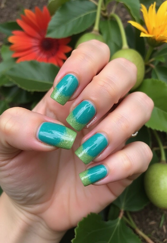 6 Tropical Square Nail Looks in Teal and Lime for Summer Vacations - 6. Glitter Lime Tips on Teal Base