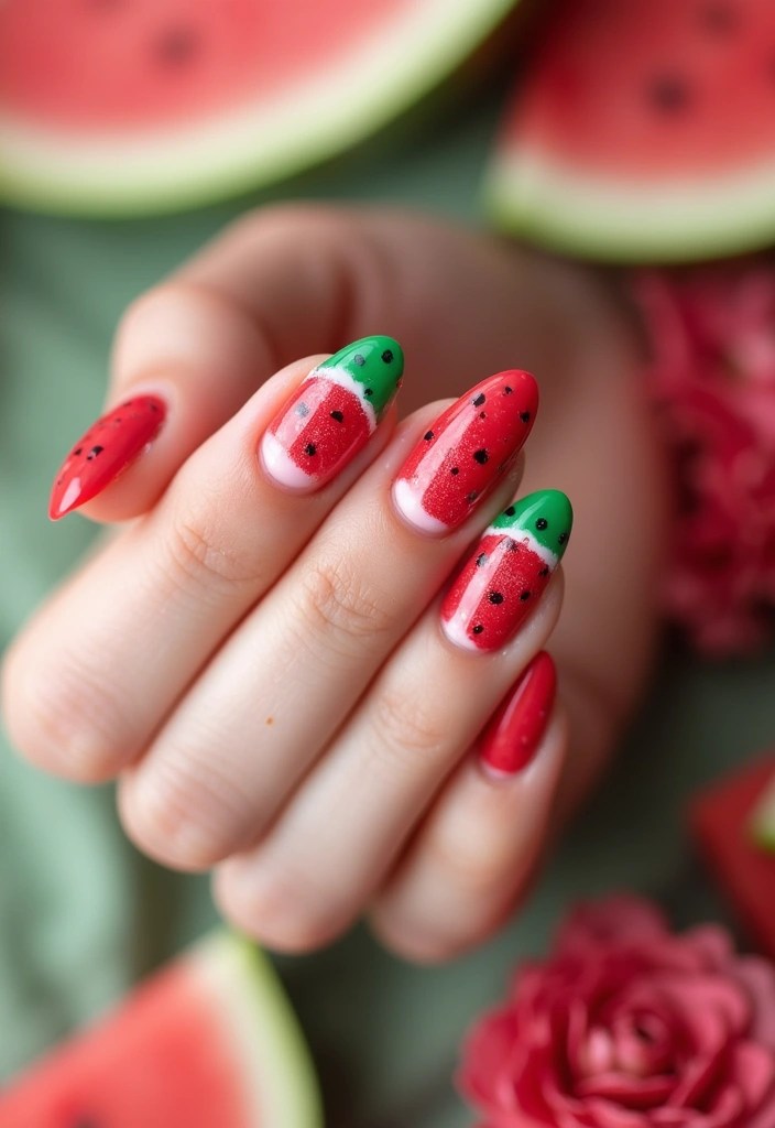 7 Glossy Red Short Oval Nails Inspired by Summer Fruits - 3. Watermelon Slice Delight