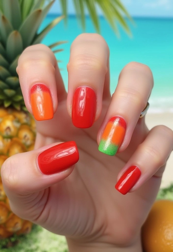 7 Glossy Red Short Oval Nails Inspired by Summer Fruits - 5. Tropical Paradise