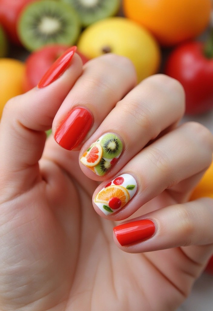 7 Glossy Red Short Oval Nails Inspired by Summer Fruits - 6. Fruit Salad Medley