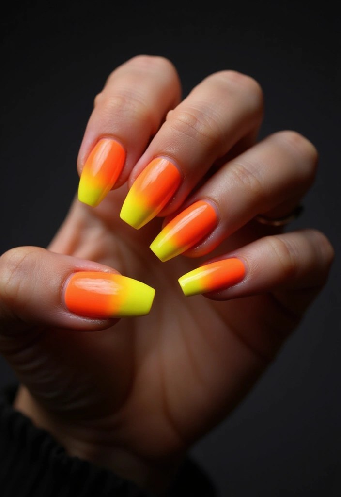 7 Ombre Coffin Nail Styles in Orange and Yellow for a Sunset Look - 3. Neon Ombre Fun