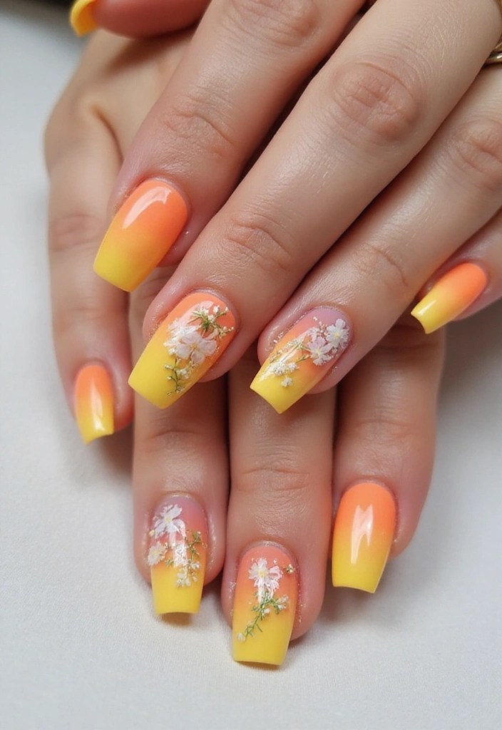 7 Ombre Coffin Nail Styles in Orange and Yellow for a Sunset Look - 6. Floral Accents with Ombre