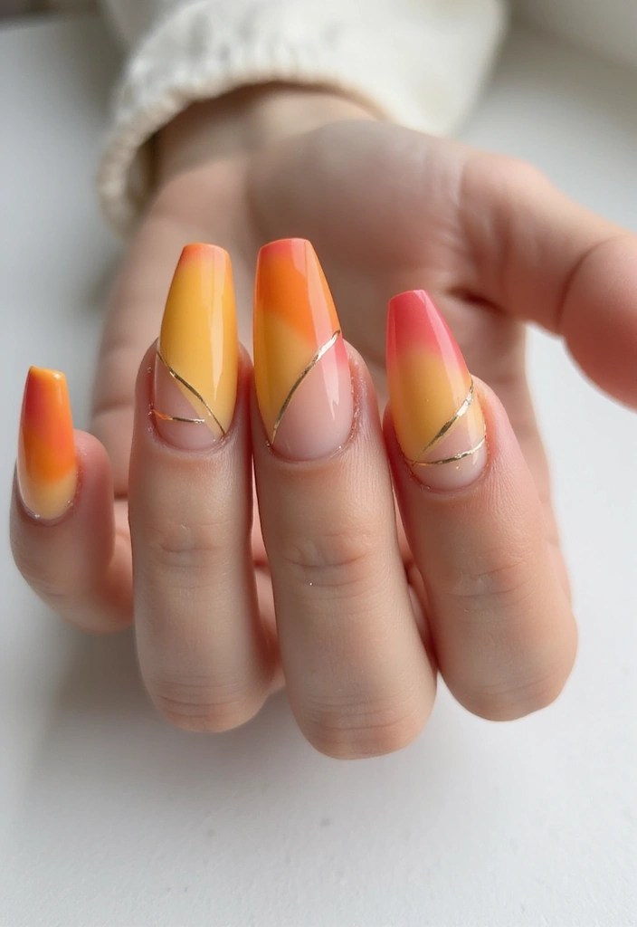 7 Ombre Coffin Nail Styles in Orange and Yellow for a Sunset Look - 7. Minimalist Ombre with Line Art