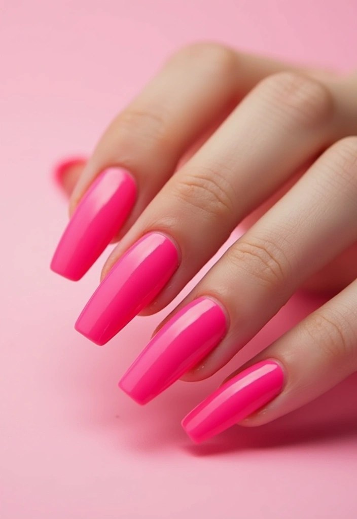 7 Short Coffin Nail Designs in Neon Pink for Hot Days - 1. Solid Neon Pink Glam