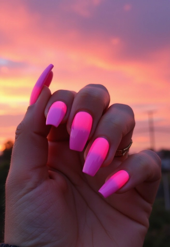 7 Short Coffin Nail Designs in Neon Pink for Hot Days - 2. Neon Pink Ombre
