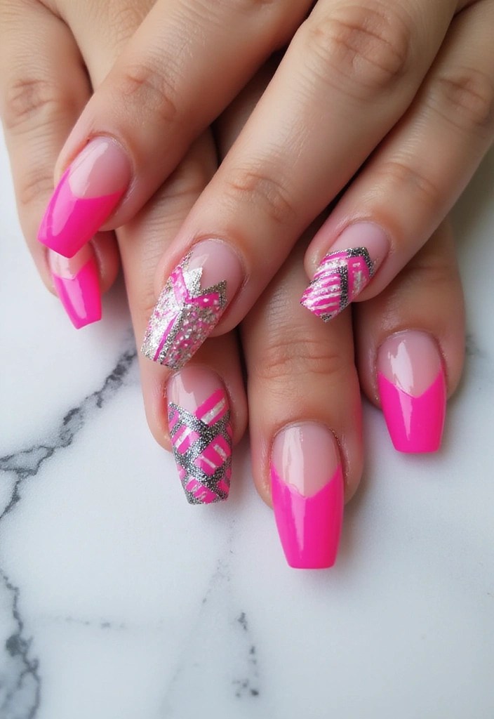 7 Short Coffin Nail Designs in Neon Pink for Hot Days - 4. Neon Pink Geometric Patterns
