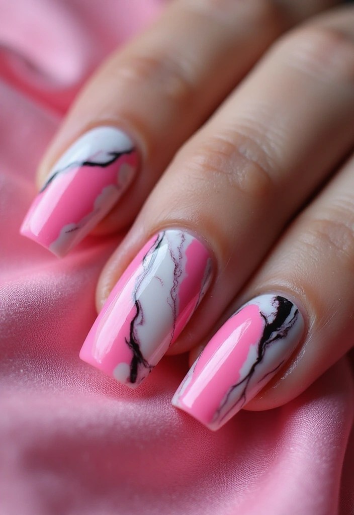 7 Short Coffin Nail Designs in Neon Pink for Hot Days - 7. Neon Pink Marble Effect