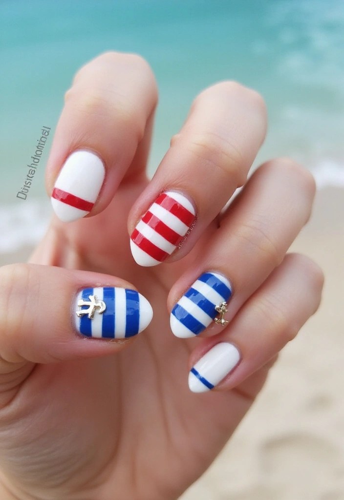 8 Easy Almond Shape Nail Designs for Summer Perfection (#4 Is a Must-Try!) - 7. Nautical Stripes