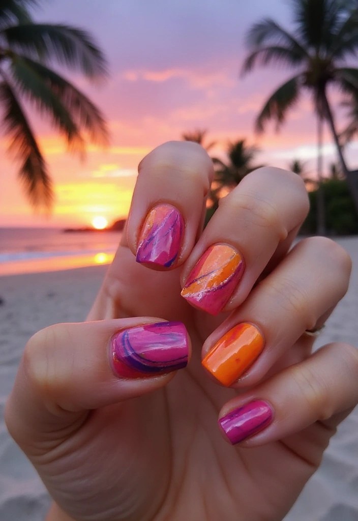 8 Fun Summer Nail Ideas – Colorful Swirls, Abstract Art & Playful Designs - 1. Tropical Sunset Swirls