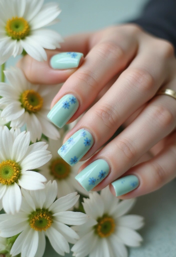 8 Mint Green and Sky Blue Square Nails for a Cool Summer Manicure - 3. Floral Accents